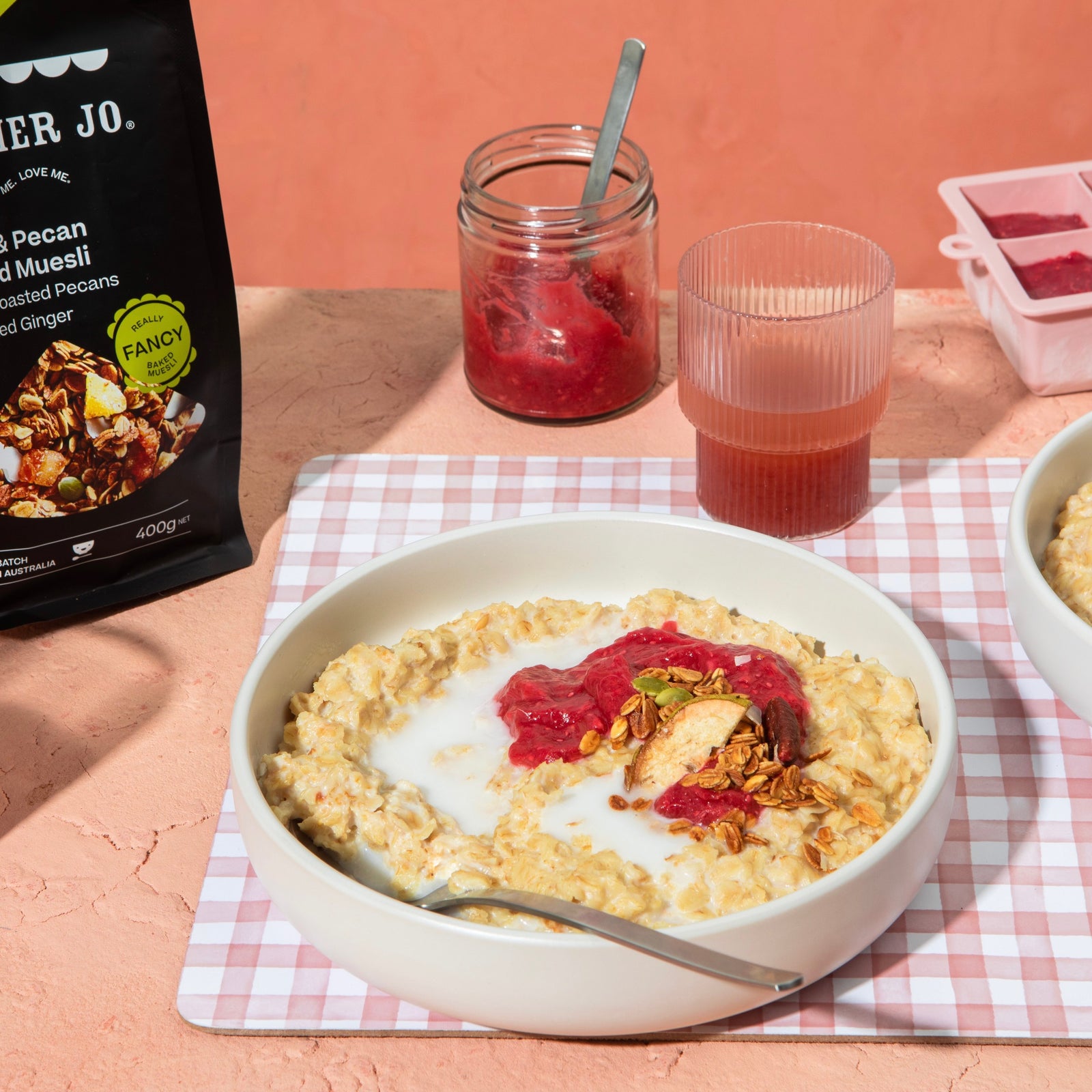 Hot Pink Jam with Porridge + Pear and Pecan Crumble