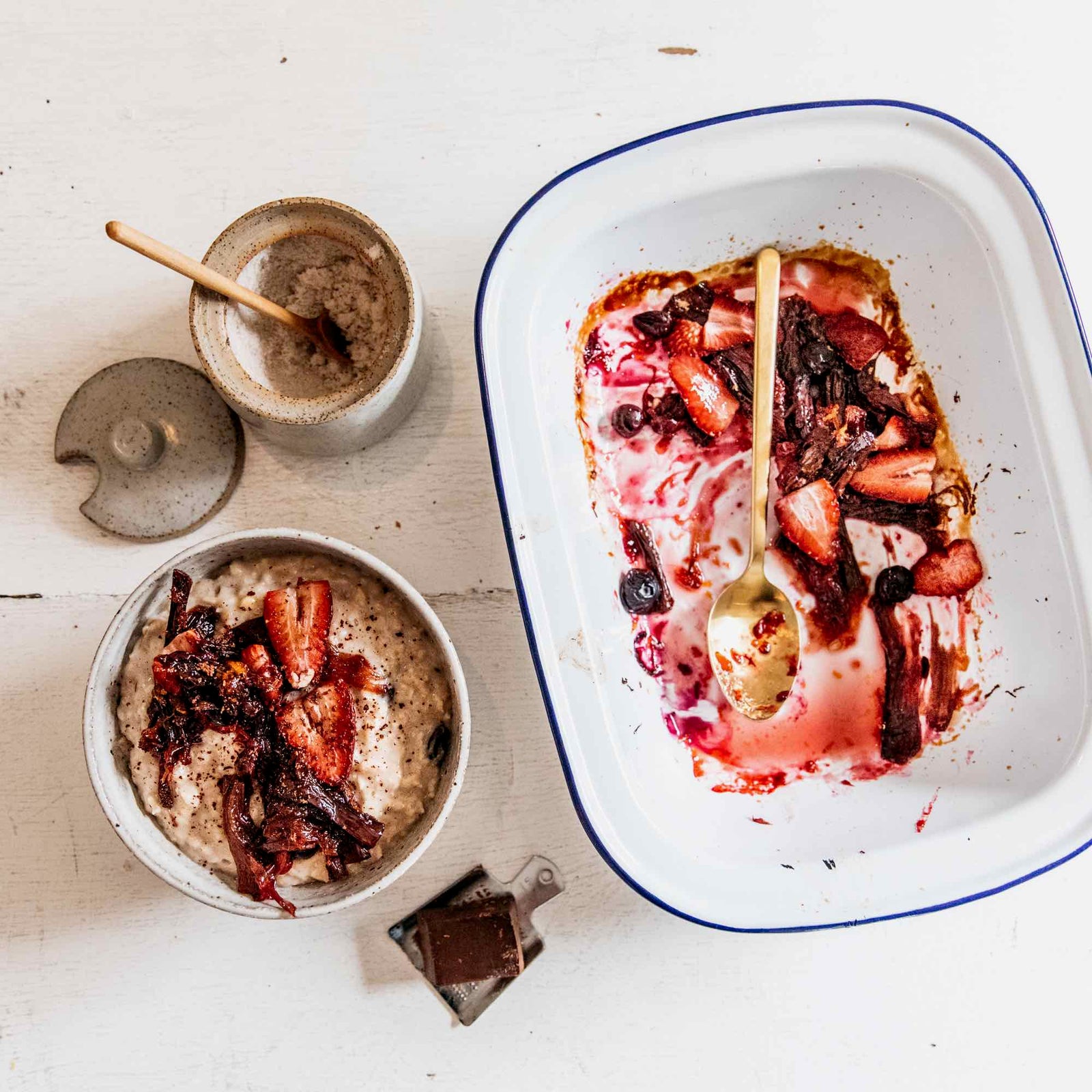 Green Apple Porridge with baked rhubarb & shaved cacao
