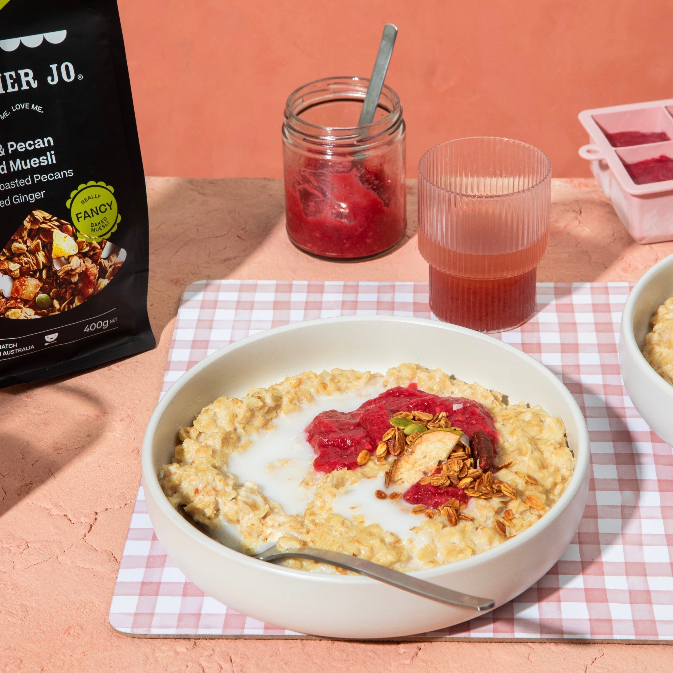 Hot Pink Jam with Porridge + Pear and Pecan Crumble - FarmerJo