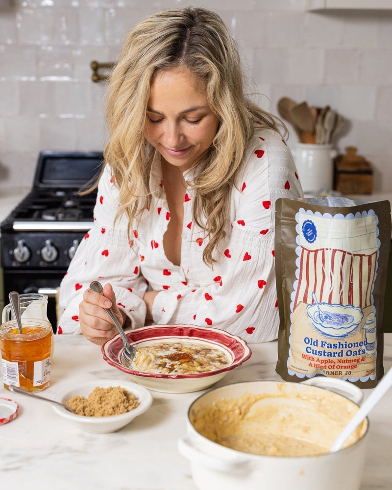 Introducing the Farmer Jo x Lizzie Hewson Old Fashioned Custard Oats with Apple, Nutmeg & a Hint of Orange - FarmerJo