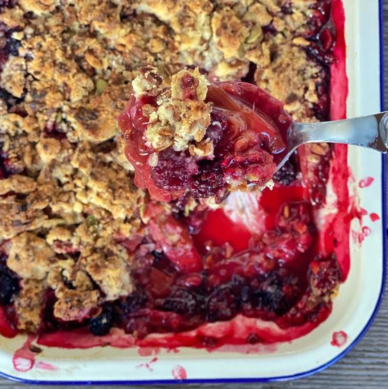 Magdalena Roze's Rhubarb & Blackberry Crumble With Hazelnut, Chocolate and Orange Crumble - FarmerJo
